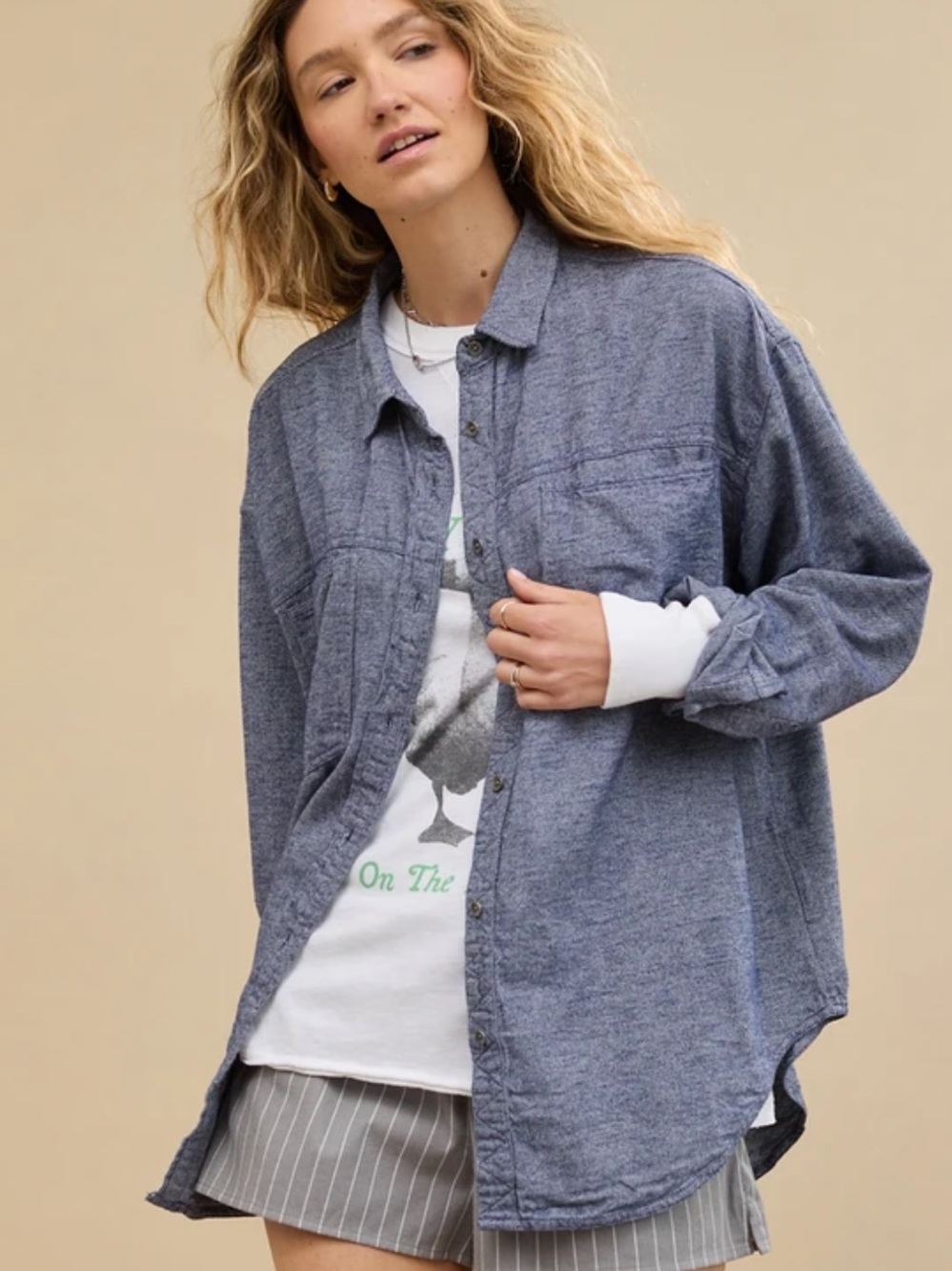 Aerie Women’s Anytime Fave Flannel Oversized Button-Down Shirt New Blue Medium